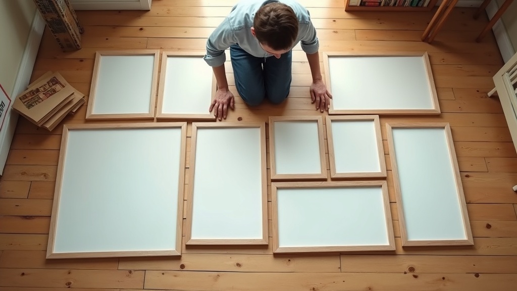 Frames laid out on the floor in a gallery wall arrangement during the planning phase