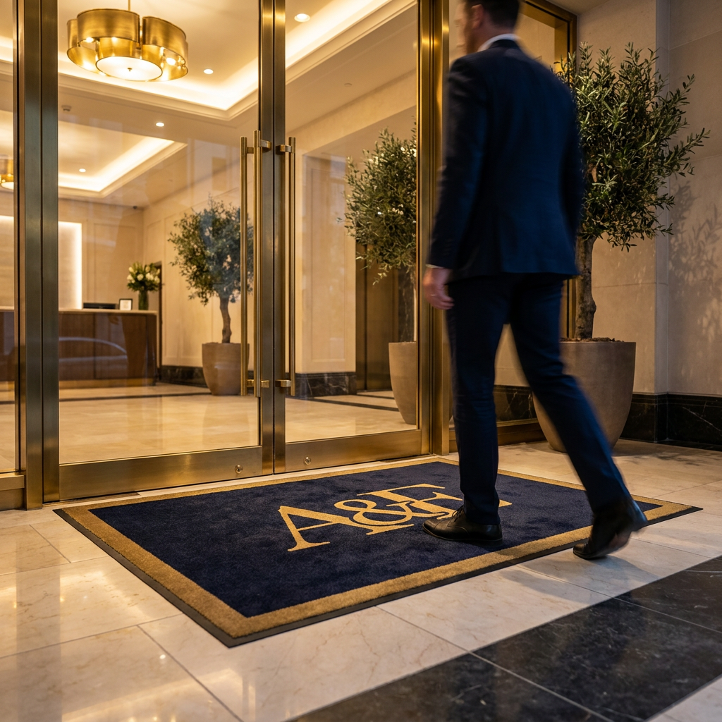 A luxurious hotel or upscale retail entrance featuring a beautifully branded custom floor mat with a crisp logo, showing the mat as the first touchpoint in an elegant entryway