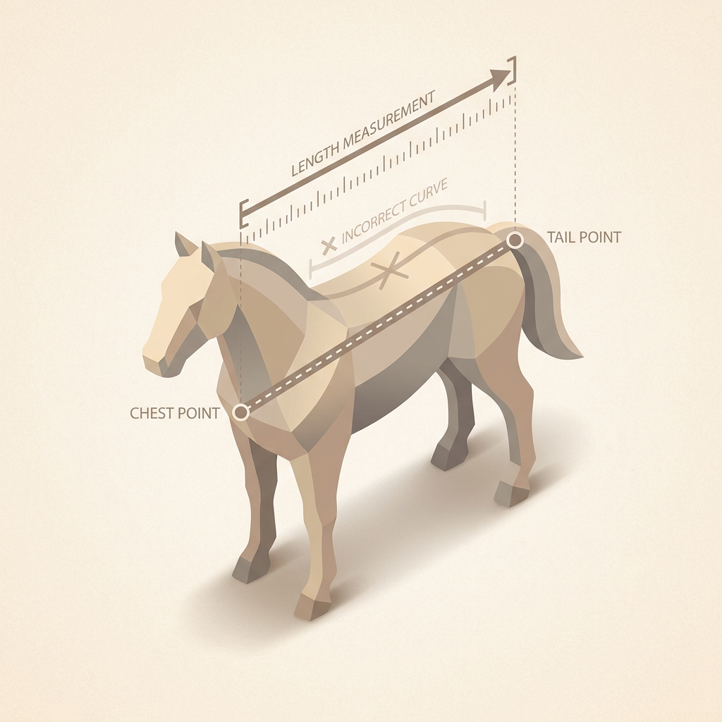 A diagram showing how to correctly measure a horse for a blanket, with a measuring line drawn from center of chest to center of tail in a straight horizontal line, with measurement annotations