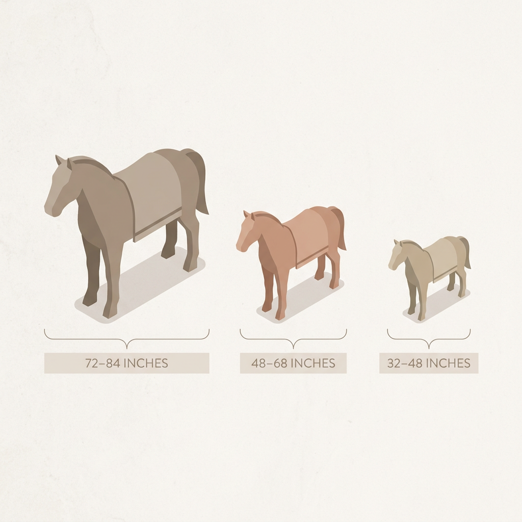 A size comparison visual showing three horse types side by side — standard horse, pony, and miniature horse — each with their corresponding blanket size range displayed beneath them