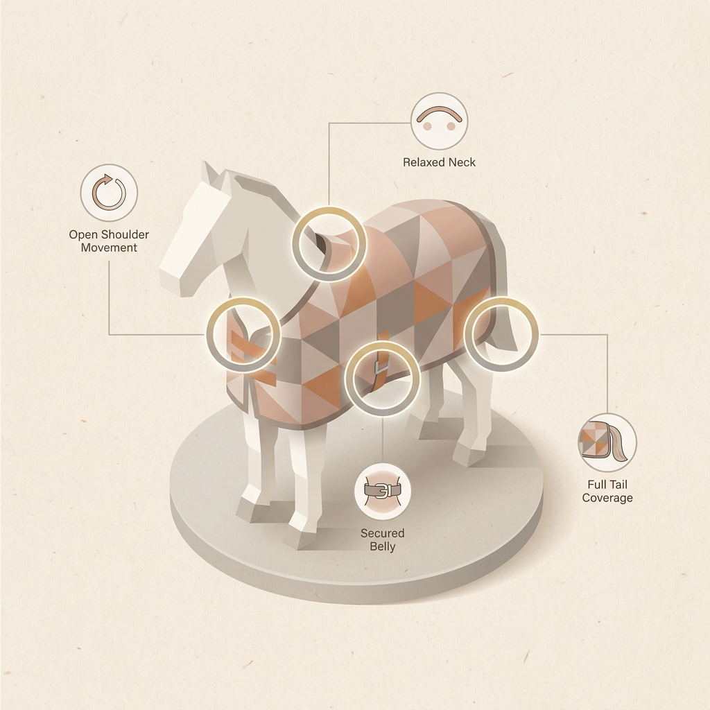 An illustrated explainer showing the key fit checkpoints on a blanketed horse — shoulder room, neck opening, belly strap position, and tail coverage — with callout indicators for correct versus problematic fit