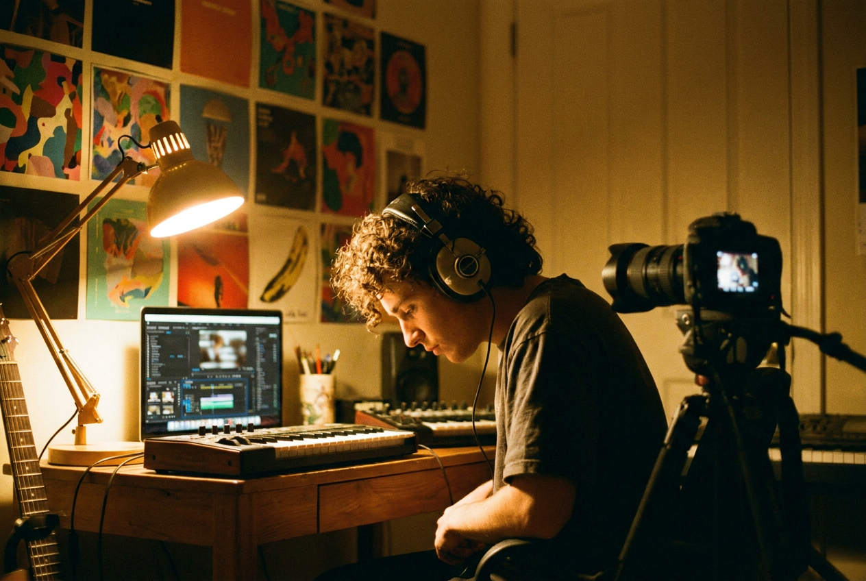 alt text: A musician recording in a studio with visual identity elements surrounding them
