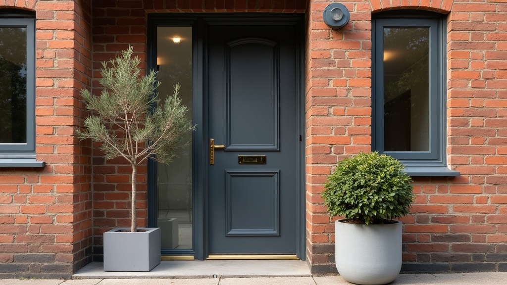 Modern traditional home exterior with charcoal door and concrete planter on Victorian facade