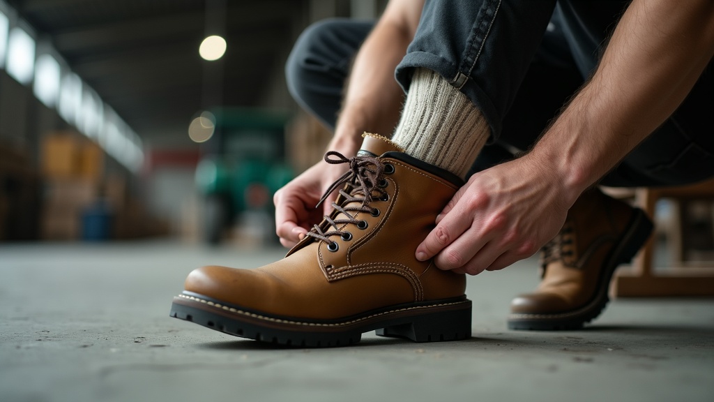 Worker pulling on steel toe boots with thick work socks
