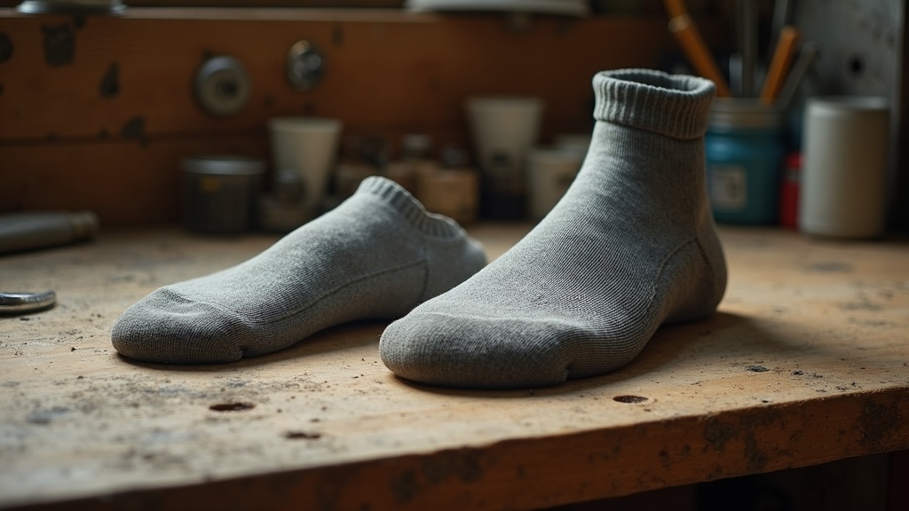Worn work sock with failed toe seam next to a new seamless sock
