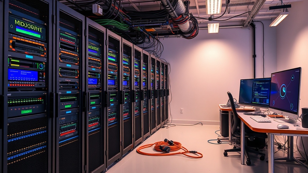Server racks and networking equipment powering Midjourney’s AI image generation infrastructure
