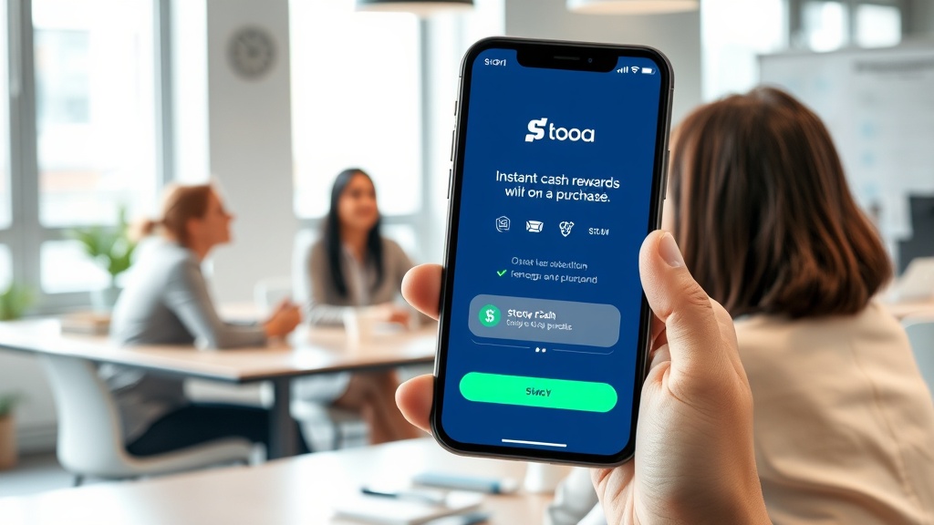 Stoa app interface showcasing instant cash rewards on a purchase