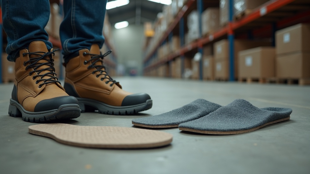 Work boots with arch support socks and an orthotic insole on a warehouse floor