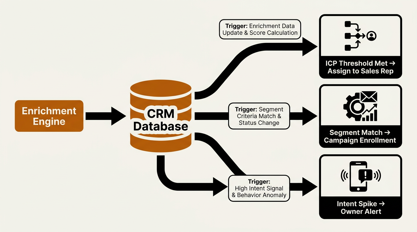 Company enrichment sequence diagram showing CRM sync triggering account routing, campaign enrollment, and mobile alerts