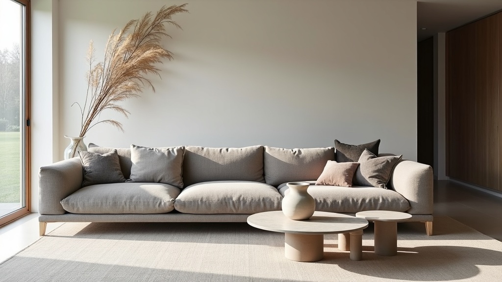 Luxury Minotti sofa in a minimal high-end living room with afternoon light