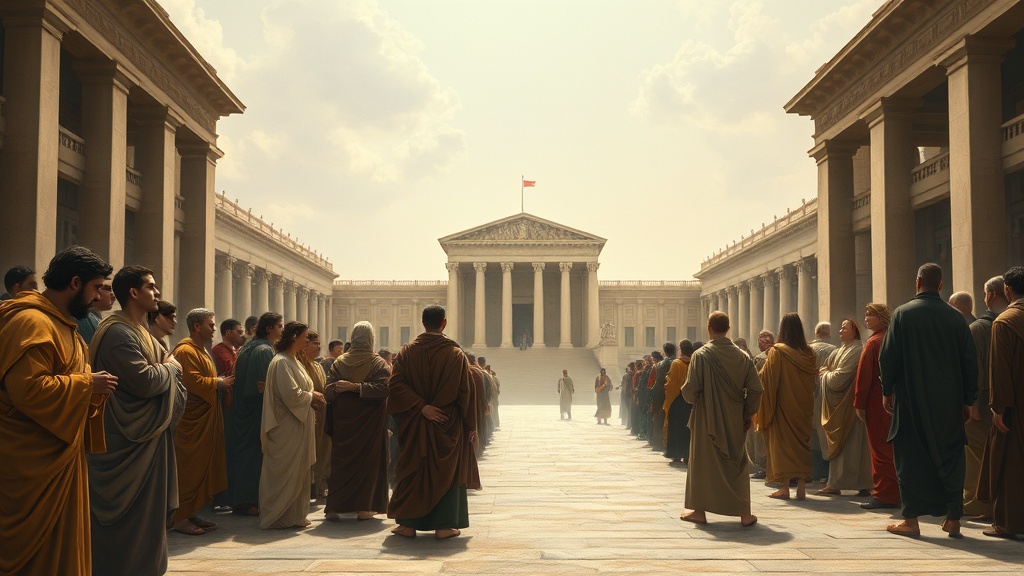 A peaceful community standing before authority in hope and unity