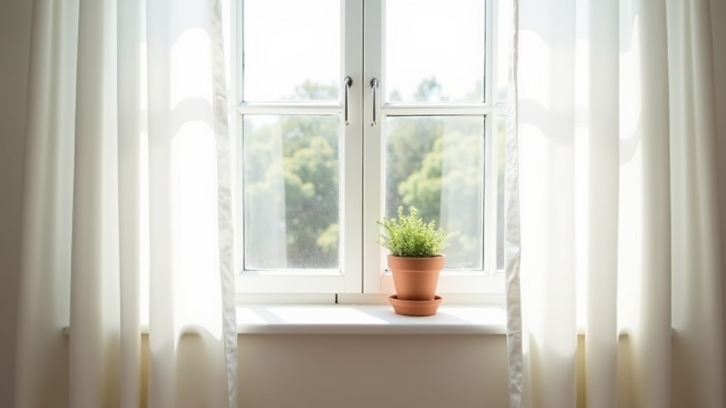 Window with sheer curtains pulled aside to maximize natural light