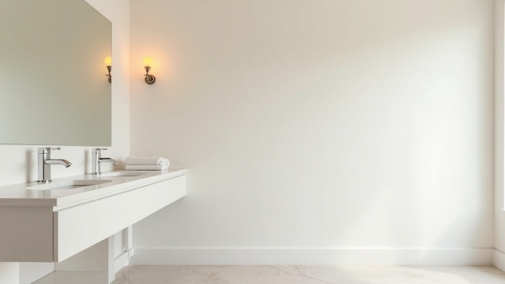 Windowless bathroom brightened with pale paint, a large mirror, and warm-toned lighting