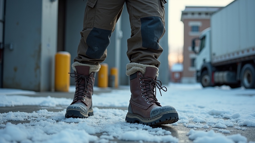 Work boots with thick wool socks on cold concrete loading dock