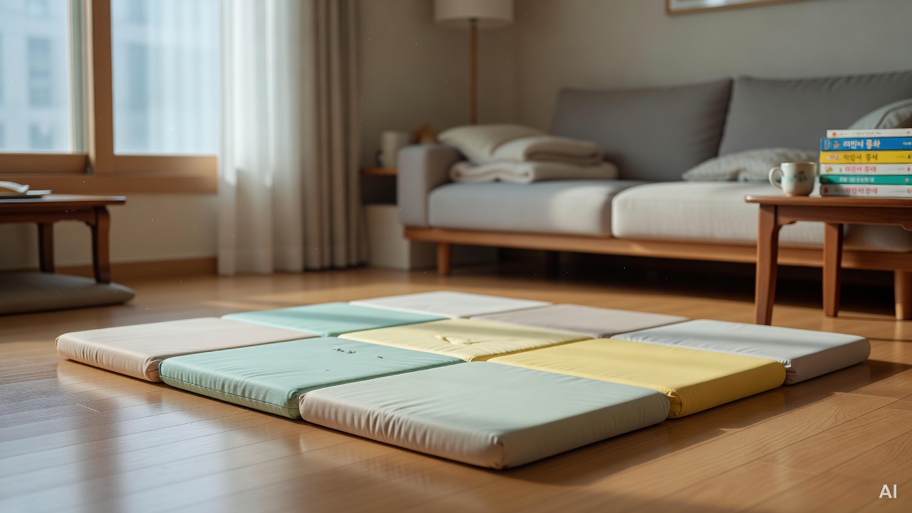 baby play mat with foam edge guards placed on wooden floor in living room