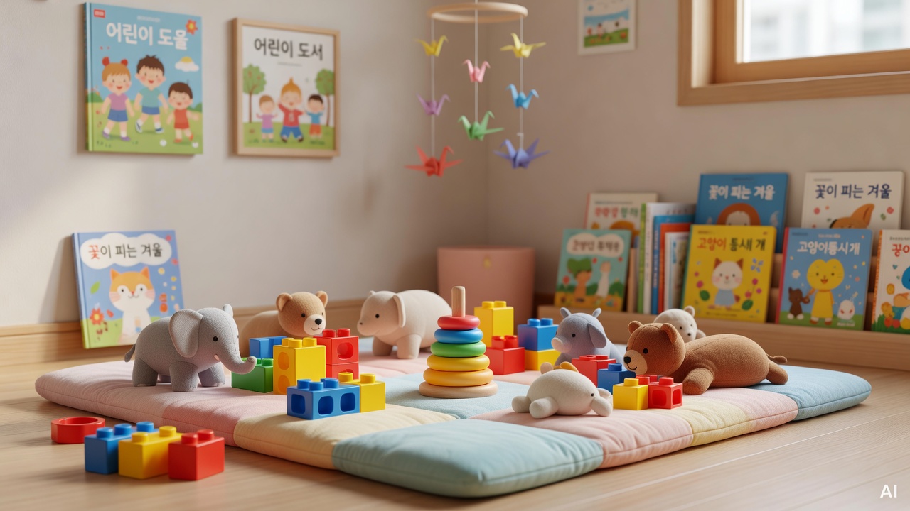 soft play mat with colorful toys scattered on it, bright nursery room background