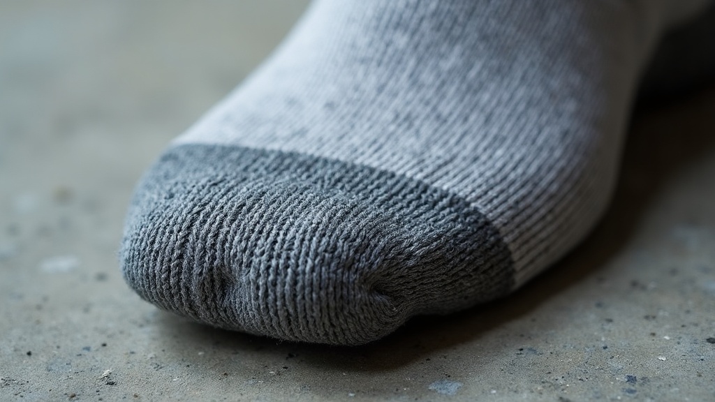 Close-up of cushioned work sock sole on concrete