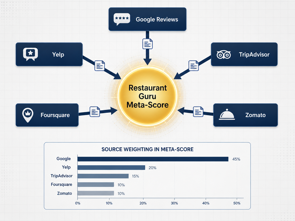 Diagram showing how Restaurant Guru aggregates data from Google, Yelp, TripAdvisor, Foursquare, and Zomato to create a meta-rating certificate score.