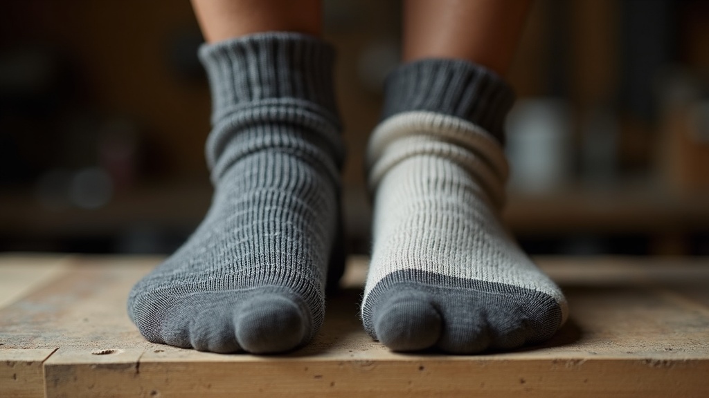 Side-by-side comparison of thick cushioned work sock and thin merino wool work sock