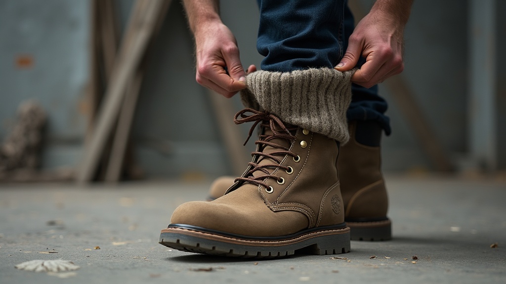 Thick wool work sock being pulled into steel-toed work boot