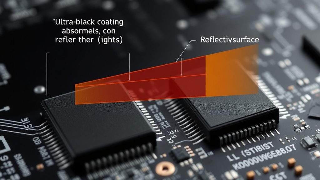 Diagram illustrating how an ultra-black coating absorbs light compared to a reflective surface.