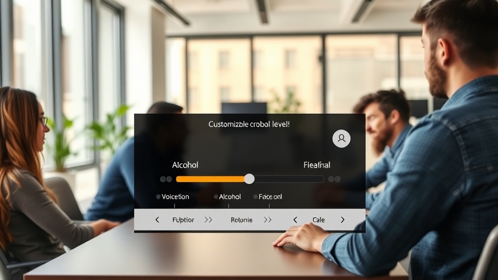Chatbot interface showing the customizable 'alcohol level' slider and voice output controls.