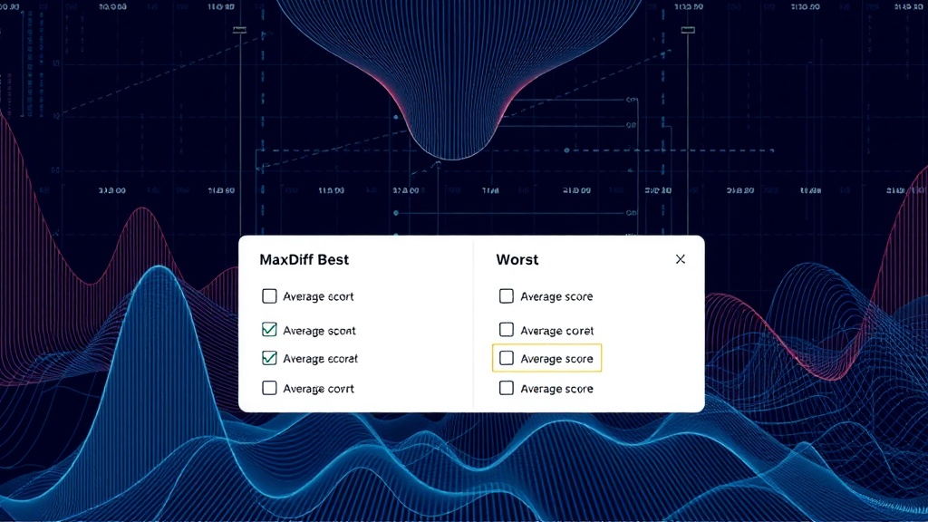 Illustration of a MaxDiff survey interface showing options for best and worst agent configurations.