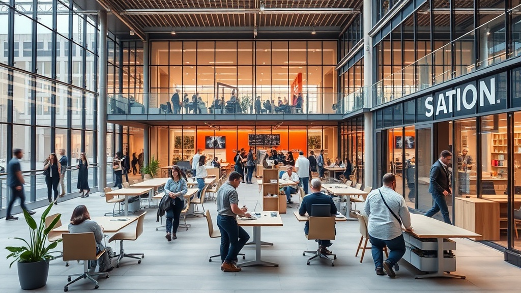 Station F campus exterior showcasing its modern architecture and bustling atmosphere