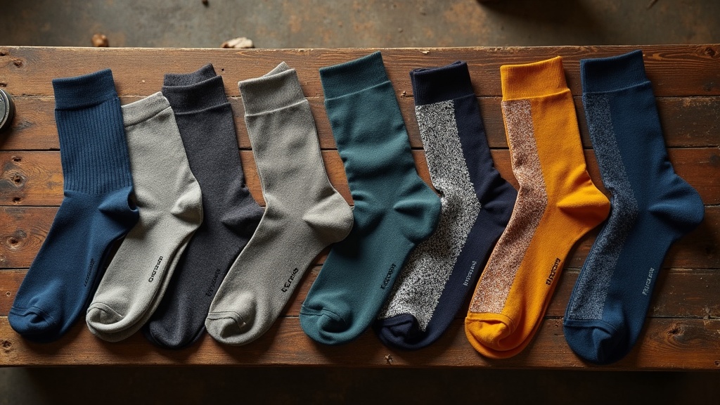 Comparison of six pairs of heavy-duty work socks for electricians on a wooden workbench