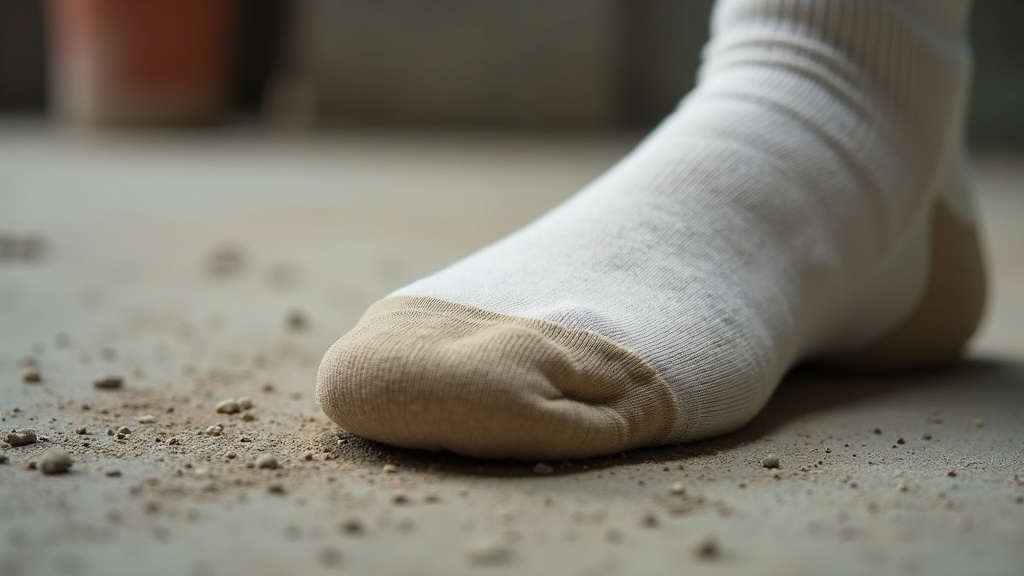 Thinned and worn cotton work sock showing heel damage after heavy ladder use