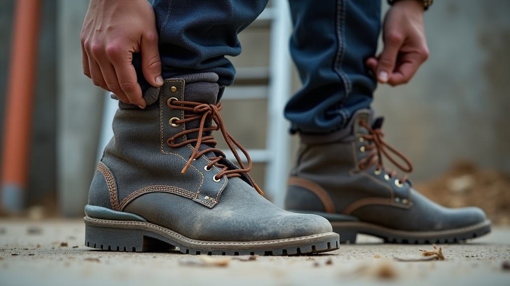 Electrician pulling on heavy-duty work socks before climbing a ladder on a jobsite