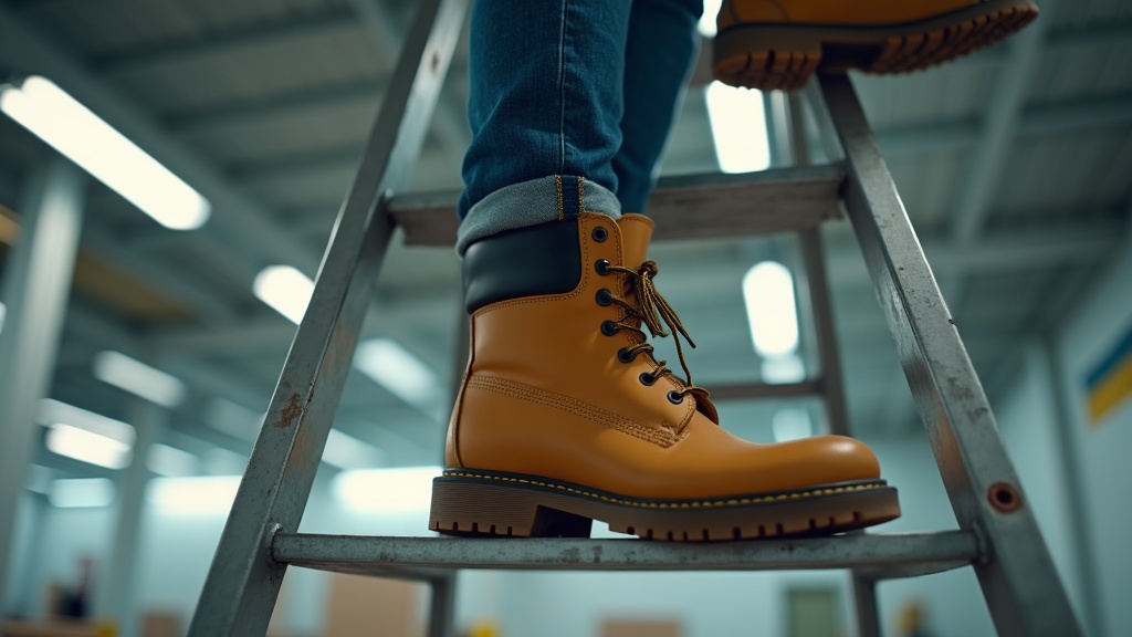 Woman electrician stepping onto ladder rung with steel toe boots and merino work socks