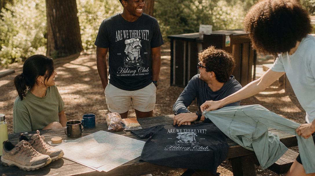 Hiker wearing a UPF long sleeve shirt on a sunlit trail