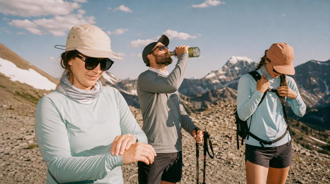 Hiker adjusting sun hoodie with scenic bright background