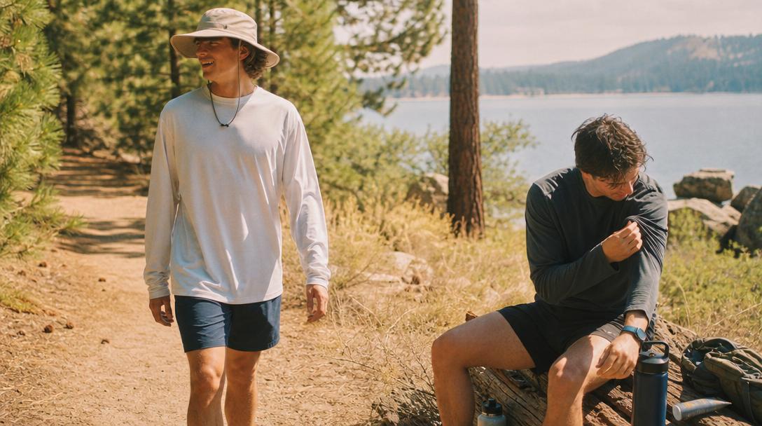 Casual cotton long sleeve shirts and graphic tees on display outdoors