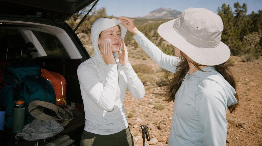 Hiker walking in a lightweight long sleeve UPF shirt under summer sun
