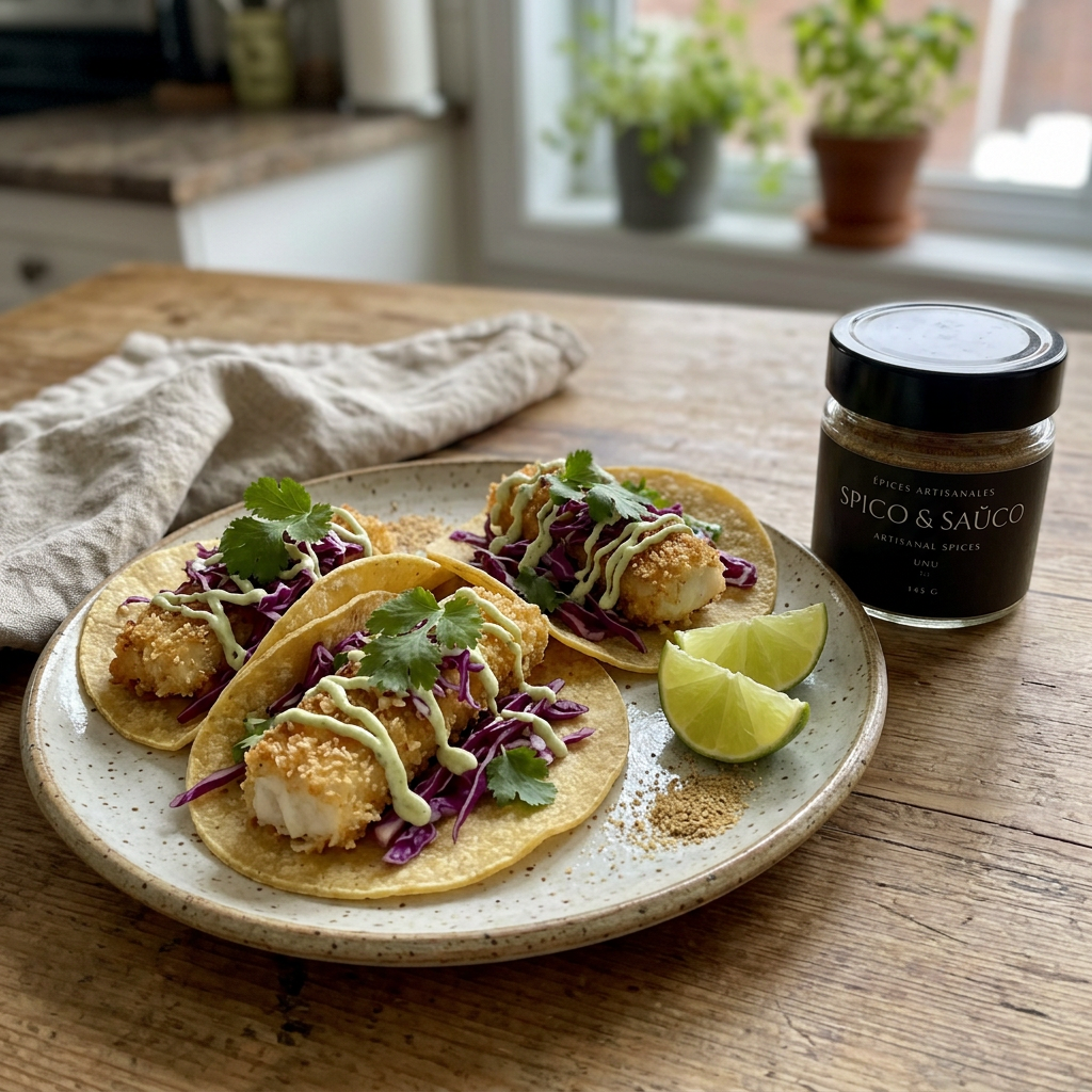 UNU Crispy Fish Tacos with Lime Slaw