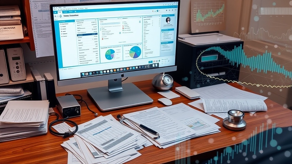 A doctor’s desk cluttered with paperwork and a computer screen showing a complex insurance portal
