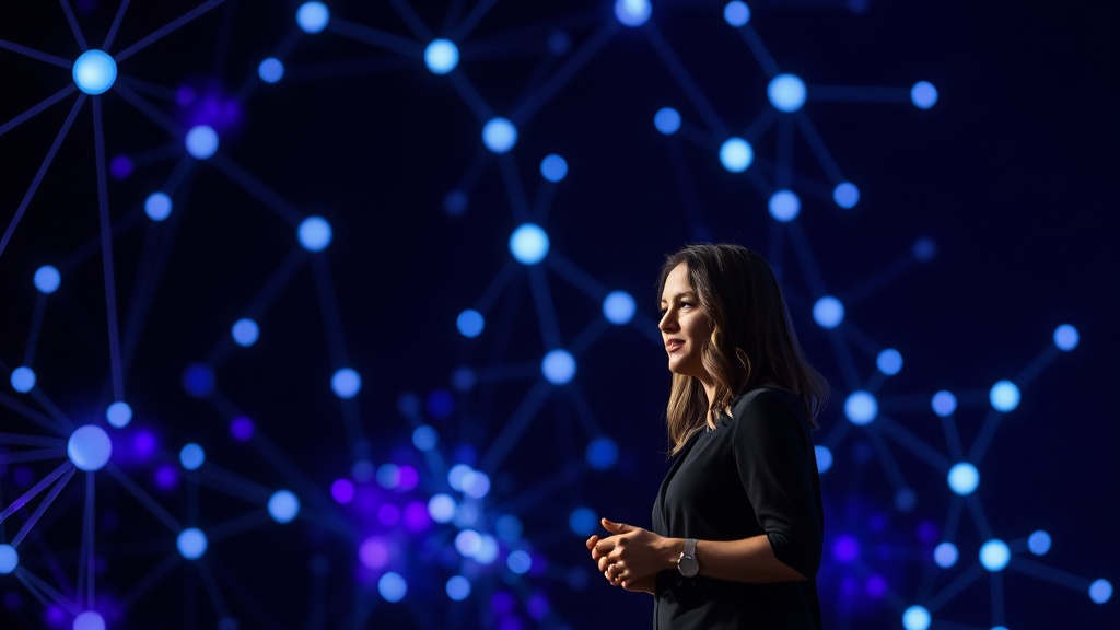 Linguist Emily Bender speaking at a technology conference about AI ethics.