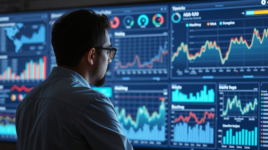 Data scientist overseeing a dashboard displaying AI model performance metrics.