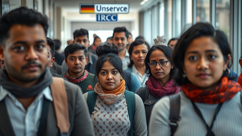 A candid photo of a busy IRCC office in Ottawa, with diverse applicants awaiting their turn, capturing the essence of community and multiculturalism. Natural light illuminating the scene, high definition.