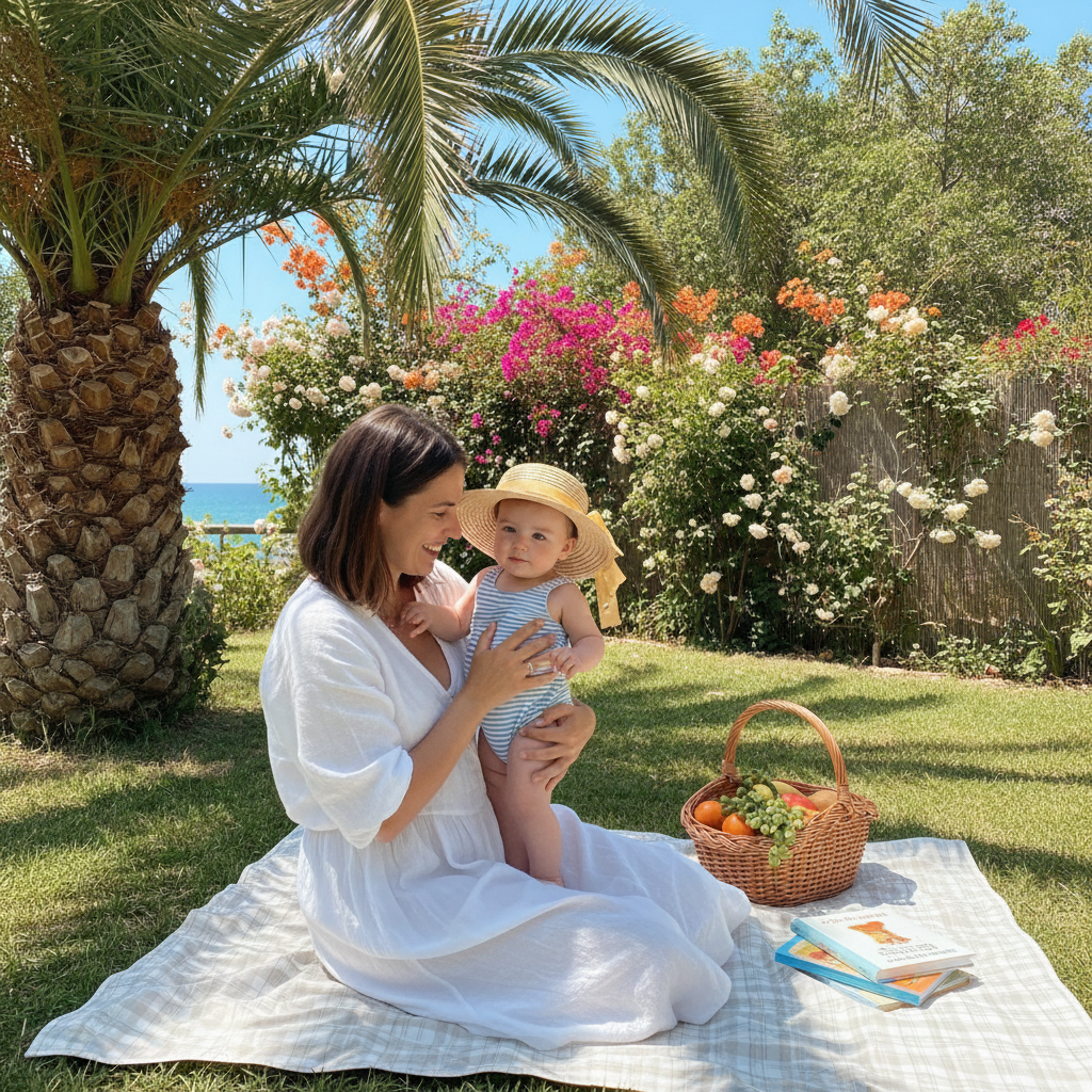 Anne ve bebek yaz bahçesinde