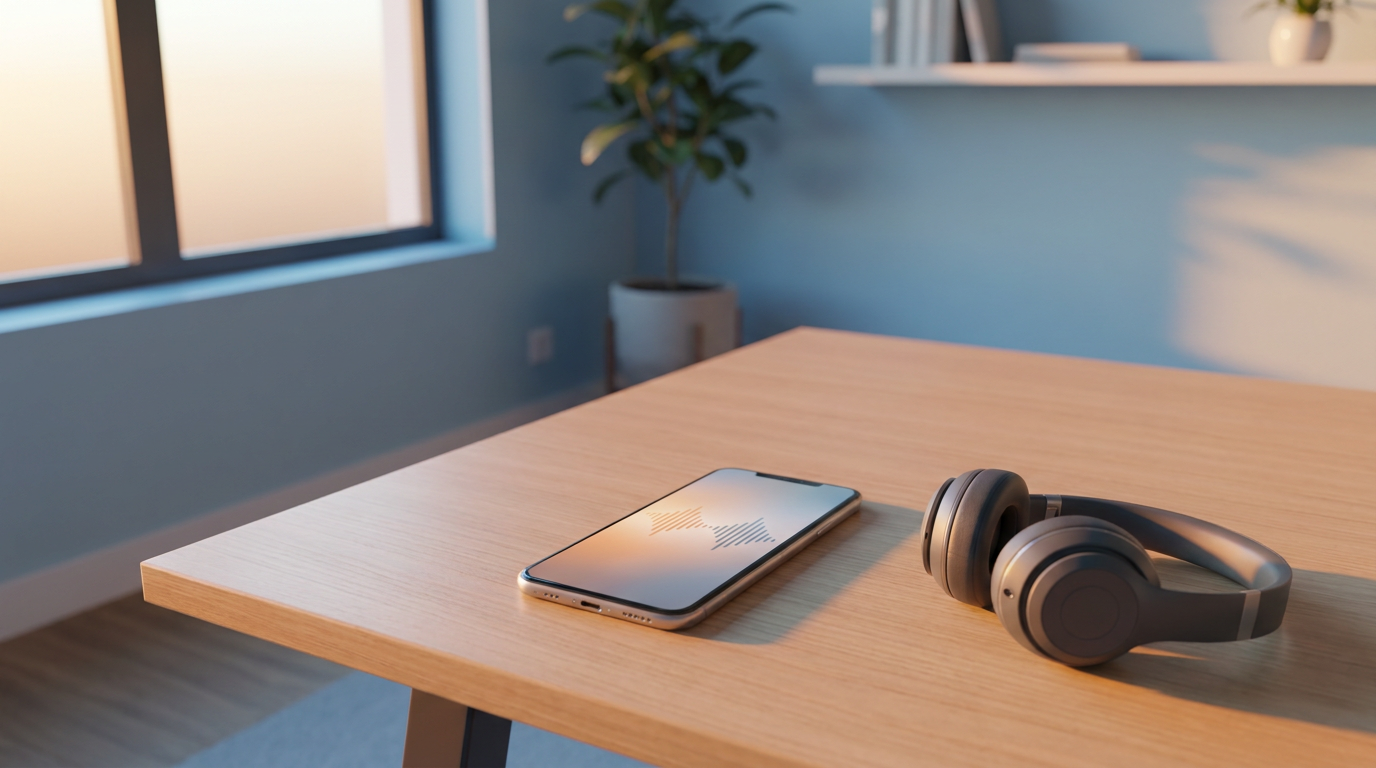 Modern bureau met een oplichtende smartphone die een inkomend gesprek als geluidsgolven toont, symbool voor een AI telefoniste