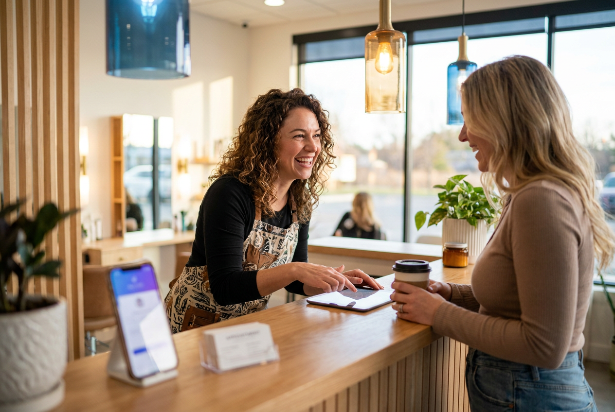 Ondernemer helpt een klant terwijl de AI telefoniste op de achtergrond de telefoon opneemt