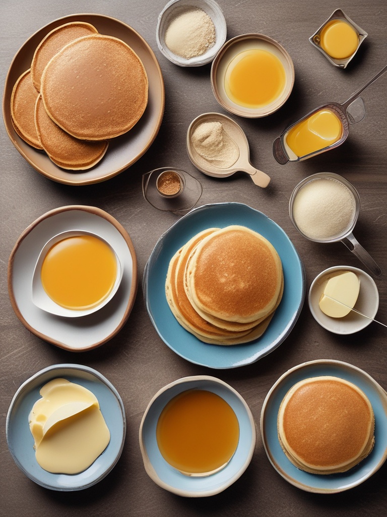 Fluffy pancakes ingredients laid out on a countertop