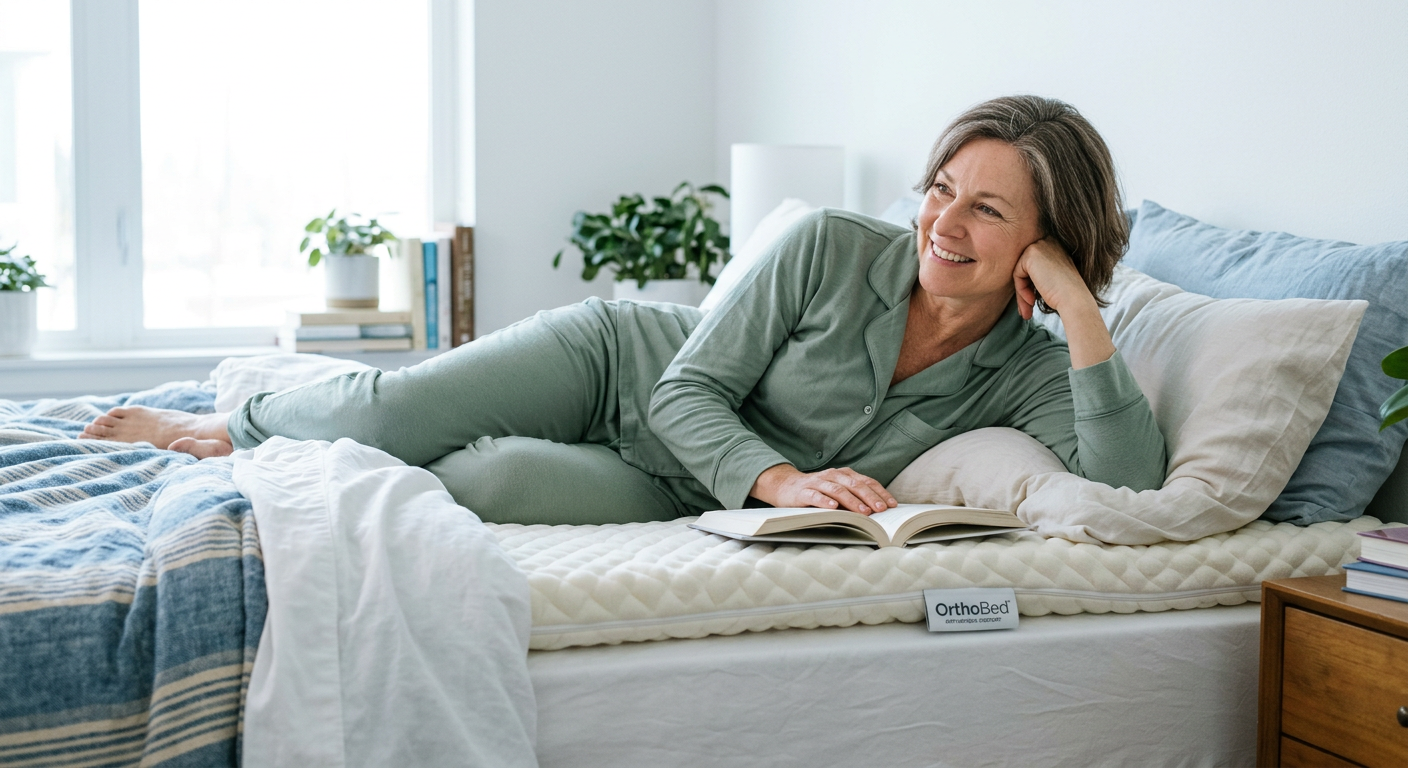 Middle-aged adult sleeping peacefully in a softly lit bedroom