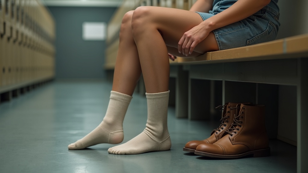 Calcetines de bambú para mujer en el vestuario tras una jornada de trabajo