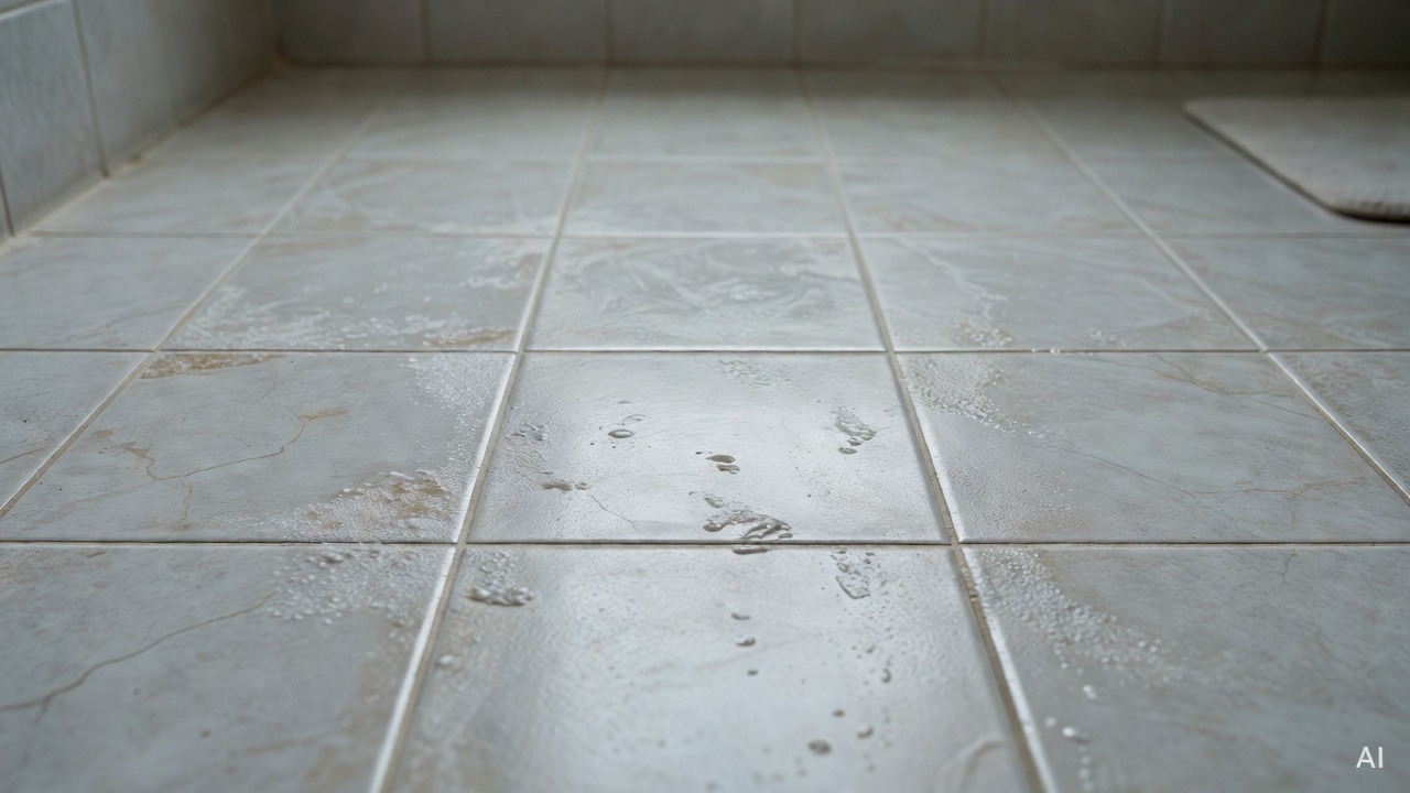 bathroom floor with tile grout lines showing soap scum and stains, viewed from above