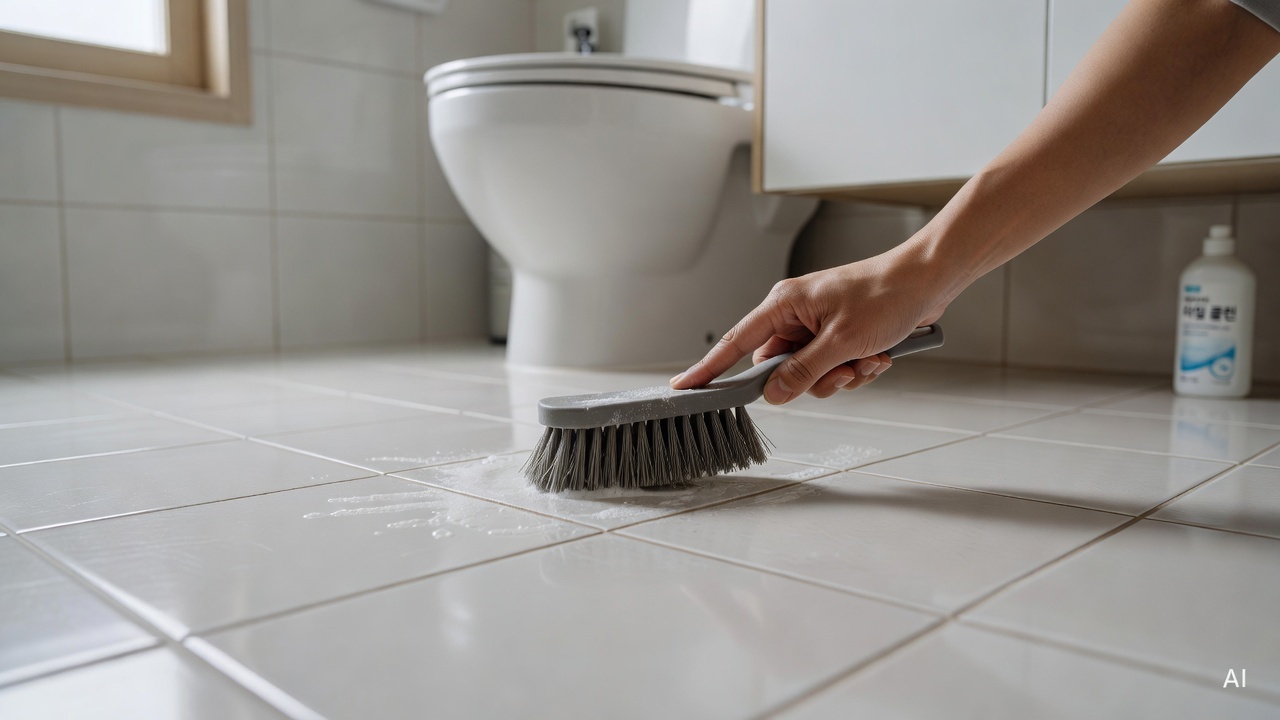 cleaning brush scrubbing bathroom tile grout lines on a white bathroom floor