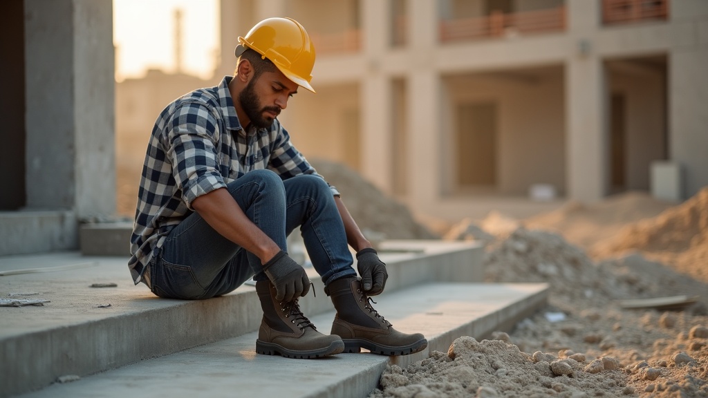 Trabajador de construcción quitándose bota al final de la jornada